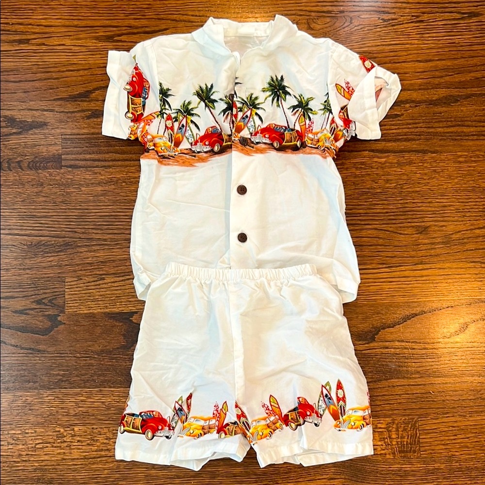 Tropical Print Kids White Shirt and Shorts Set, Size 8, Palmwave Hawaii